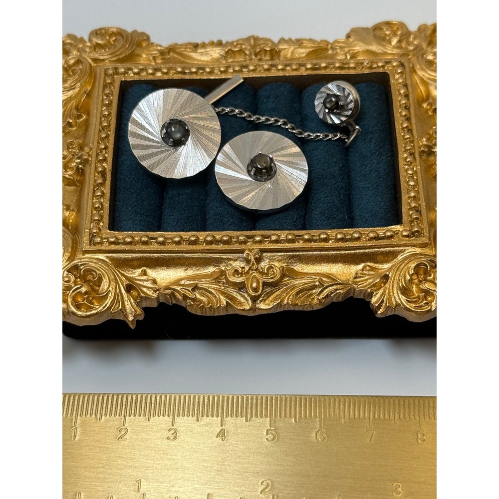 Vintage Cufflinks Tie Tack Set OS Silver Sunburst Star Sapphire MCM Atomic Retro